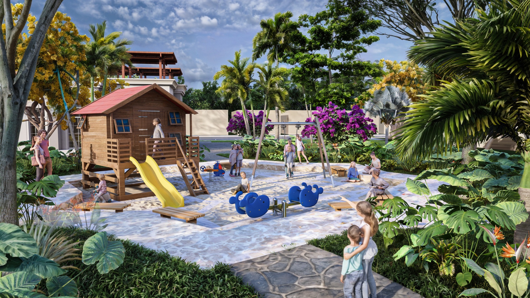 Área de juegos infantiles con casita y columpios