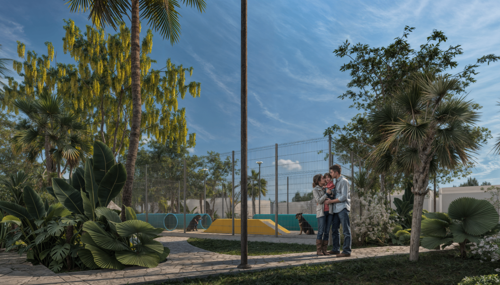 Parque con áreas verdes y zona para mascotas